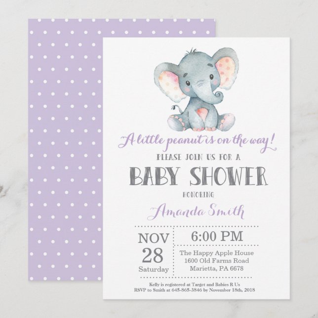 Elephant Baby Shower Einladung Lila und grau (Vorne/Hinten)