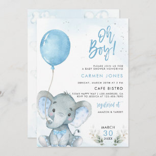 Elephant Baby Shower Einladung mit Blue Balloon