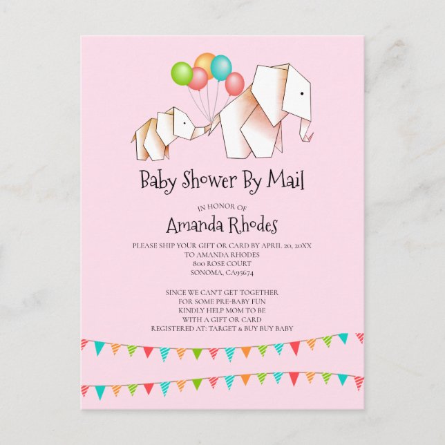 Elephant Baby Shower Einladung per Mail Pink (Vorderseite)
