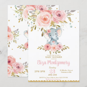 Elephant Baby Shower Einladung Pink Floral Girl