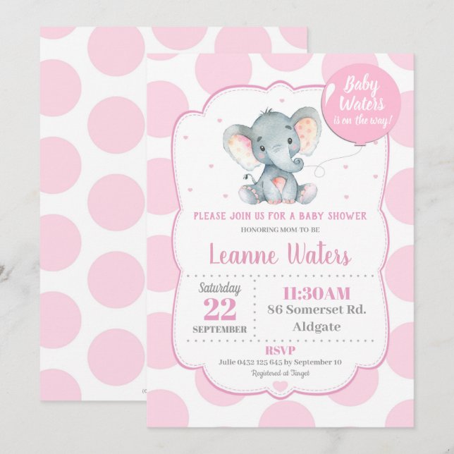 Elephant Baby Shower Einladung Pink Girl (Vorne/Hinten)