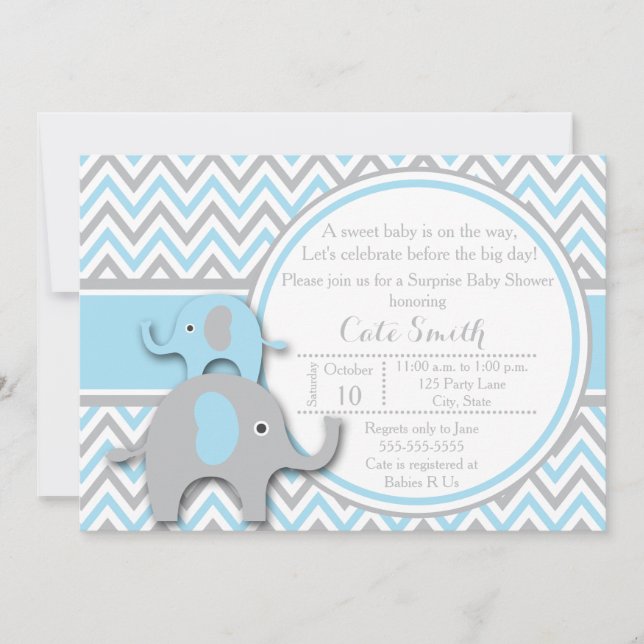 Elephant Baby Shower Einladungen, blau und grau Einladung (Vorderseite)