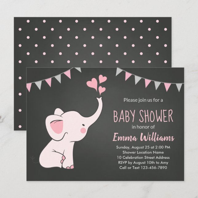 Elephant Baby Shower Einladungen für ein Mädchen (Vorne/Hinten)