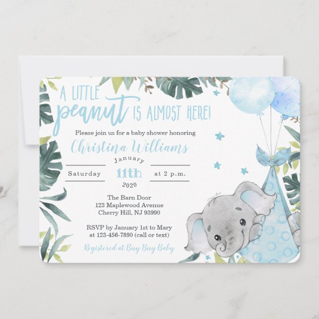 Elephant Baby Shower Einladungen für einen Jungen (Vorderseite)