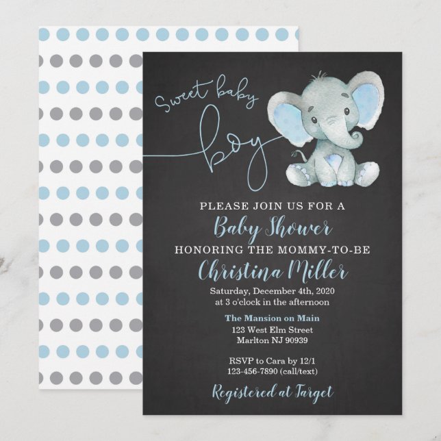 Elephant Baby Shower Einladungen für einen Jungen (Vorne/Hinten)