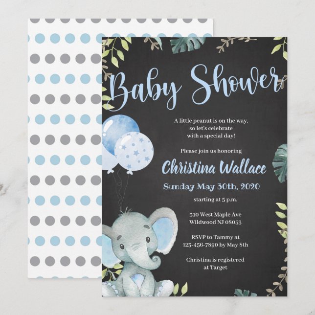 Elephant Baby Shower Einladungen für Jungen (Vorne/Hinten)