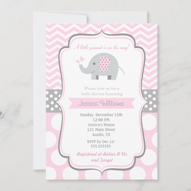 Elephant Baby Shower Einladungen für Mädchen (Vorderseite)