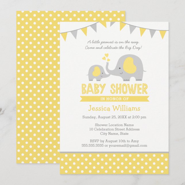 Elephant Baby Shower Einladungen | Gelb und Grau (Vorne/Hinten)