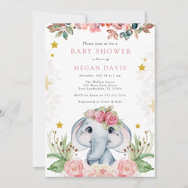 Elephant Baby Shower Einladungen Rosa Blume (Vorderseite)
