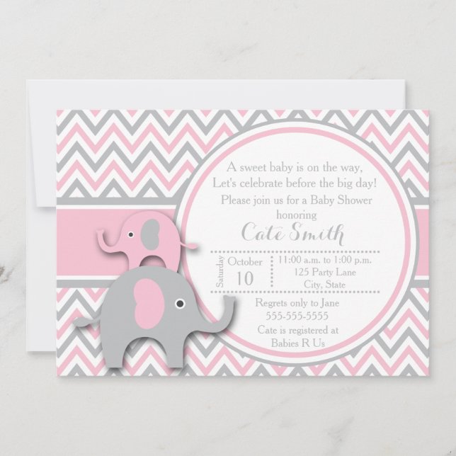 Elephant Baby Shower Einladungen, Rosa und Grau Einladung (Vorderseite)