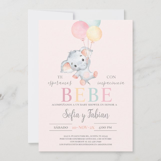 Elephant Baby shower Espagnol Invitation (Devant)