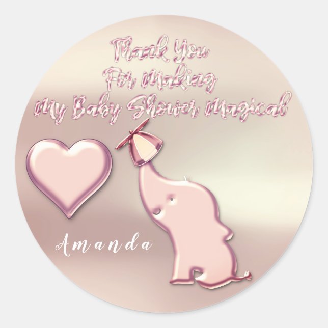Elephant Baby Shower Gastgeschenk Danke Rose Herz Runder Aufkleber (Vorderseite)