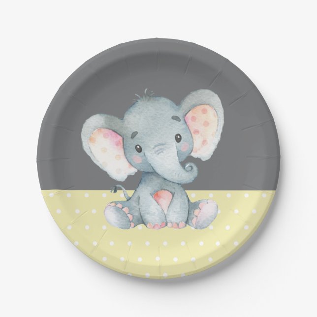 Elephant Baby Shower Gelb und Grau Pappteller (Vorderseite)