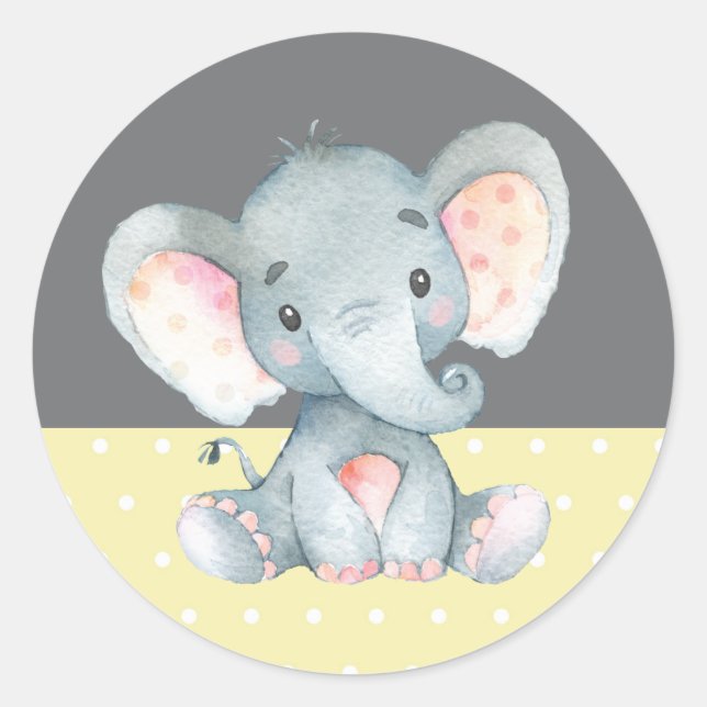 Elephant Baby Shower Gelb und Grau Runder Aufkleber (Vorderseite)