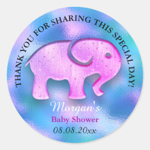 Elephant Baby Shower Gevor Danke Holograph Blue Runder Aufkleber