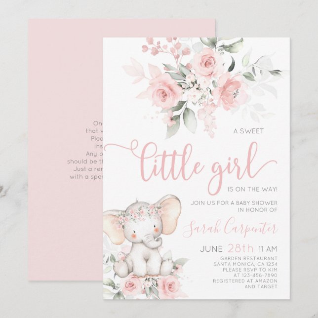 Elephant Baby Shower Girl Einladung (Vorne/Hinten)