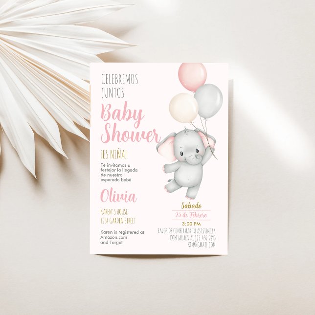 Elephant Baby shower Girl Espagnol Invitation (Créateur téléchargé)