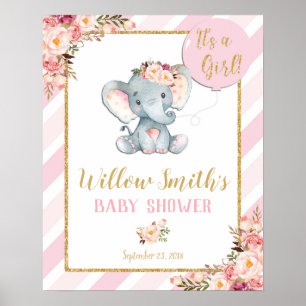 Elephant Baby Shower Girl Pink Begrüßungszeichen Poster