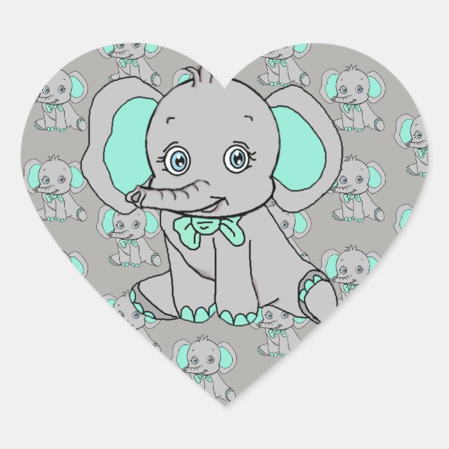 Elephant Baby Shower grau und Aquamarin Herz-Aufkleber (Vorderseite)