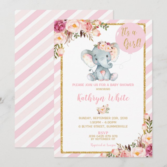 Elephant Baby Shower Invasion Girl Stripes Einladung (Vorne/Hinten)
