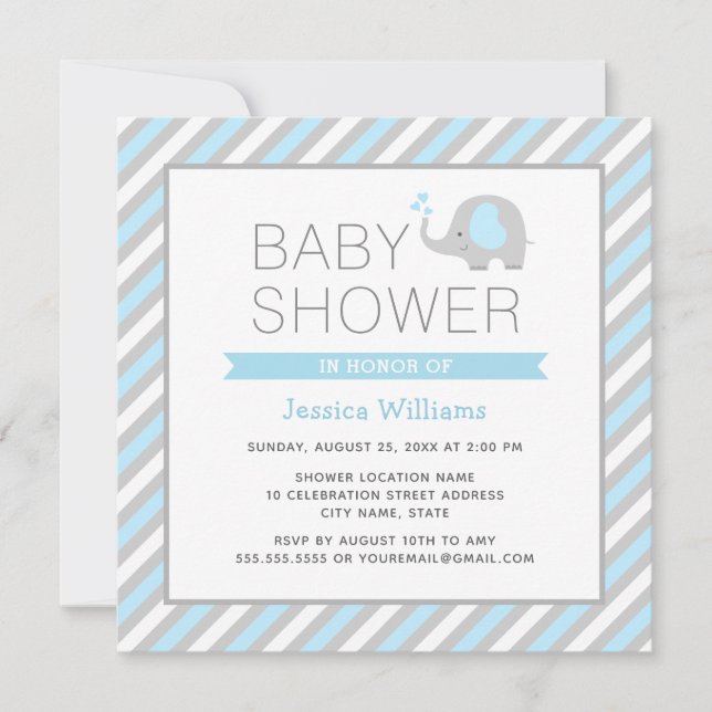 Elephant Baby Shower Invitation Boy - Blau & Grau Einladung (Vorderseite)