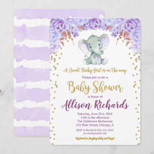 Elephant baby shower invitation fille or violet