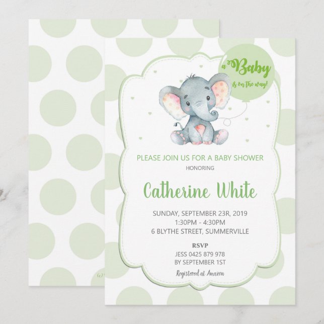 Elephant Baby Shower Invitation Gender Neutral Einladung (Vorne/Hinten)