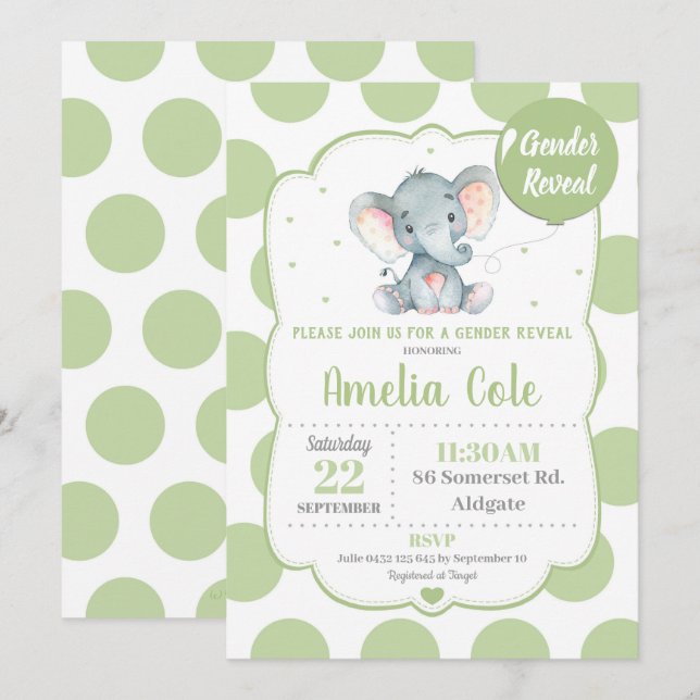 Elephant Baby Shower Invitation Gender Reveal Einladung (Vorne/Hinten)