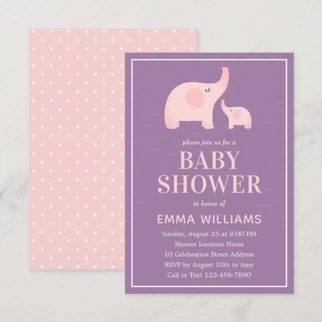 Elephant Baby Shower Invitation Girl - Lila rosa Einladung (Vorne/Hinten)