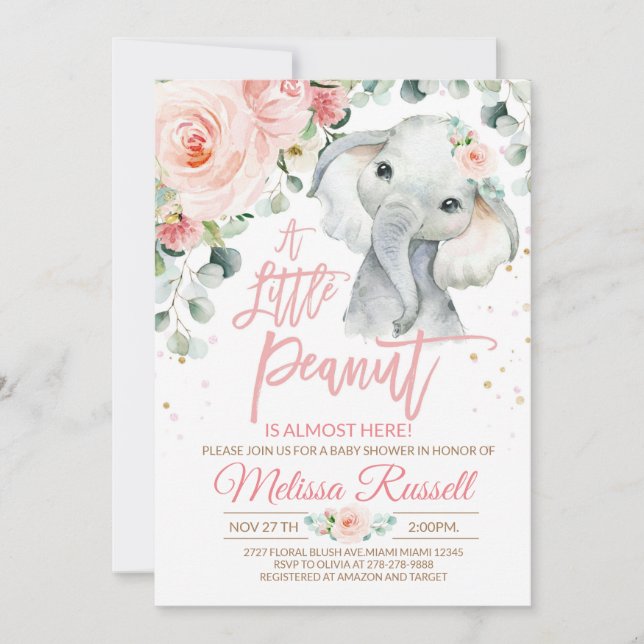 Elephant Baby Shower Invitation Girl, Safari Pink Einladung (Vorderseite)