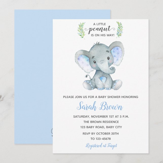 Elephant Baby Shower Invitations Garçon Petit Arac (Devant / Derrière)