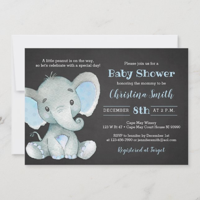Eléphant Baby Shower Invitations pour un garçon (Devant)