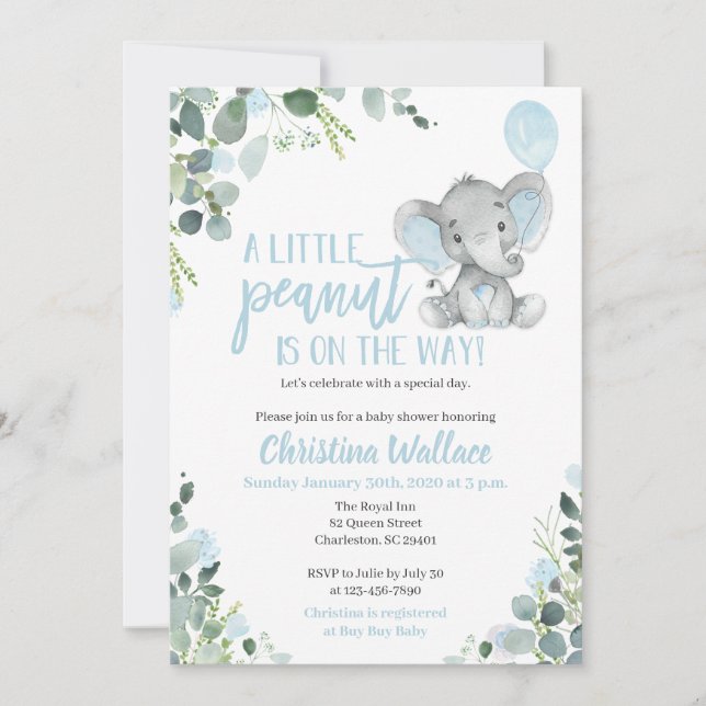 Eléphant Baby Shower Invitations pour un garçon (Devant)