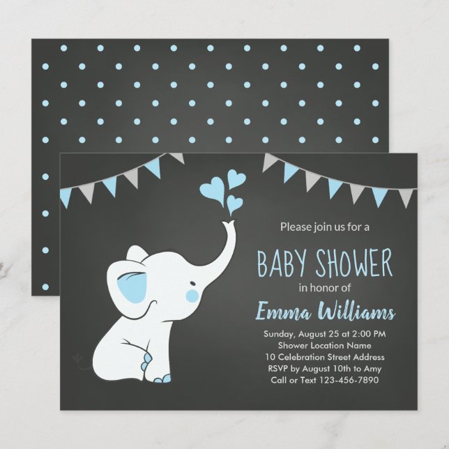 Eléphant Baby Shower Invitations pour un garçon (Devant / Derrière)