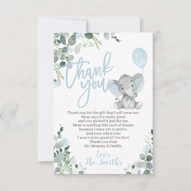 Elephant Baby shower Merci Cartes pour un garçon (Devant)