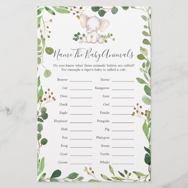 Elephant Baby Shower Name der Baby-Tiere (Vorderseite)