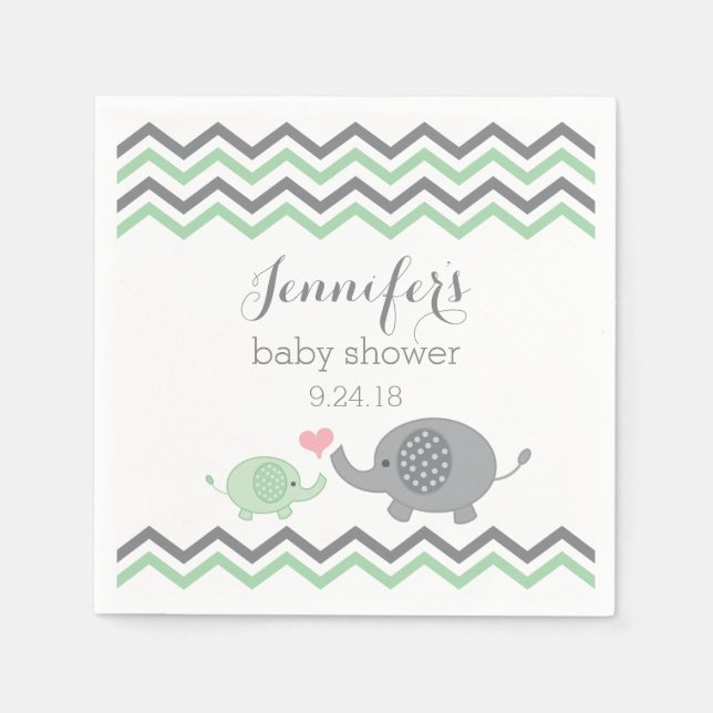 Elephant Baby Shower Napkins Green Grau Zickzack Serviette (Vorderseite)