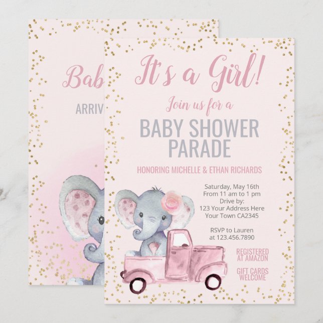 Elephant Baby Shower Parade Einladung (Vorne/Hinten)