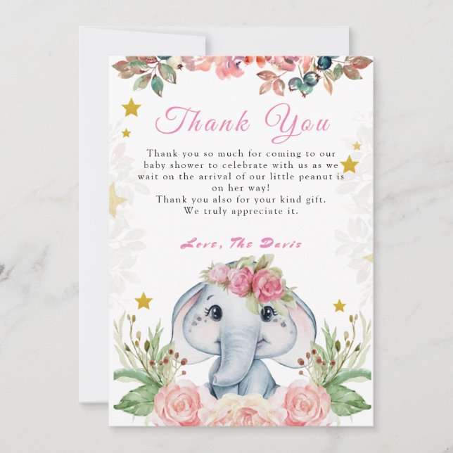 Elephant Baby Shower Pink Blume Danke Karte (Vorderseite)