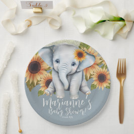 Elephant Baby Shower Sonnenblume Glitzer Dusty Blu Pappteller