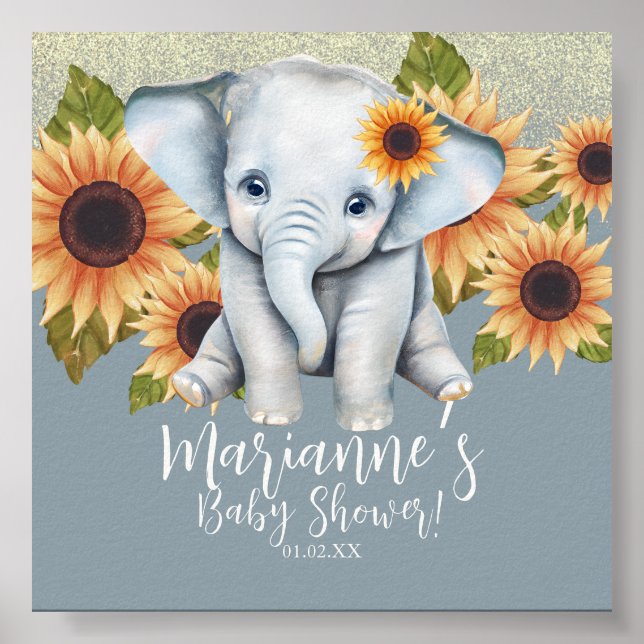 Elephant Baby Shower Sonnenblume Glitzer Dusty Blu Poster (Vorne)