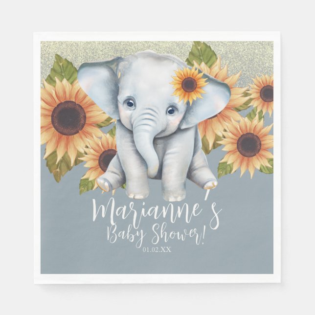 Elephant Baby Shower Sonnenblume Glitzer Dusty Blu Serviette (Vorderseite)