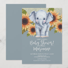 Elephant Baby Shower Sonnenblumen Glitzer Dusty Bl Einladung