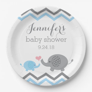 Elephant Baby Shower Teller   Blauer Grau Zickzack