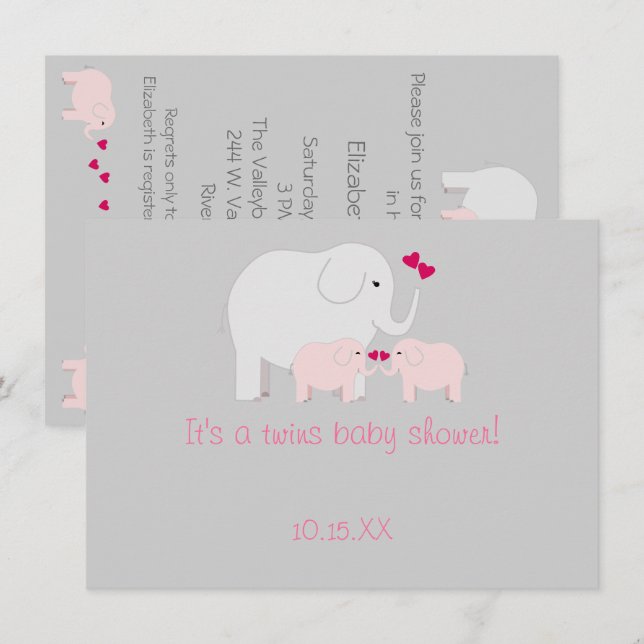 Elephant Baby Shower Twin Girls Einladung (Vorne/Hinten)