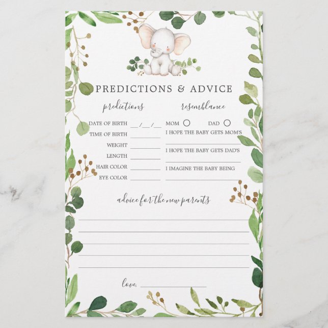 Elephant Baby Shower Vorhersagen und Ratschläge (Vorderseite)