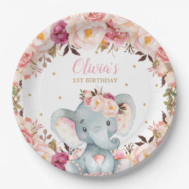 Elephant Baby Shows Birthday Blush Floral 9" Pappteller