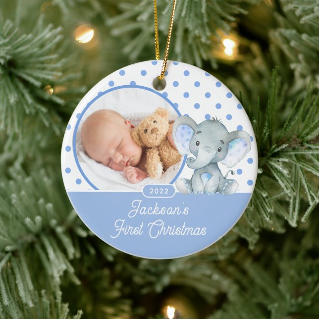 Elephant Baby's First Christmas Foto Keramik Ornament (Baum)
