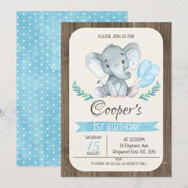 Elephant Balloons Einladung zum Geburtstag (Vorne/Hinten)