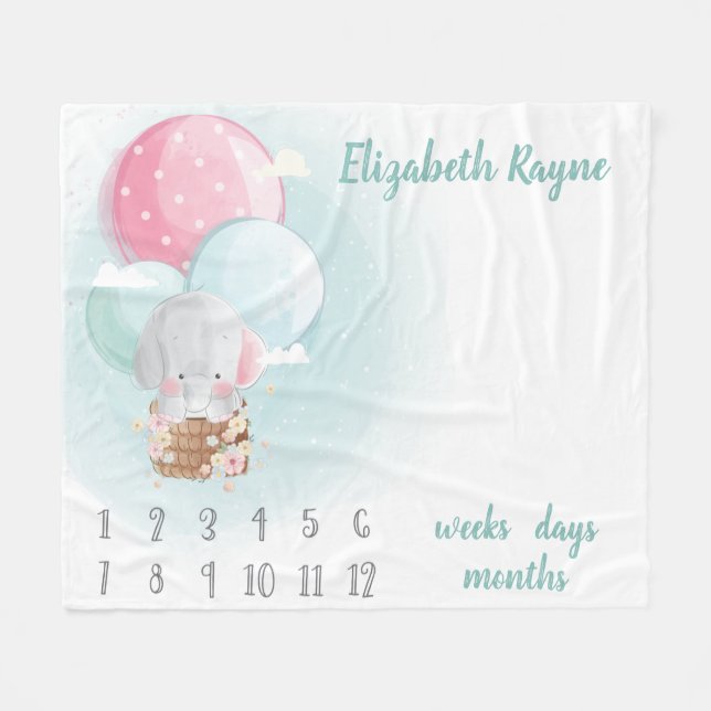 Elephant Balloons Gender Neutral Baby Meilenstein Fleecedecke (Vorderseite (Horizontal))
